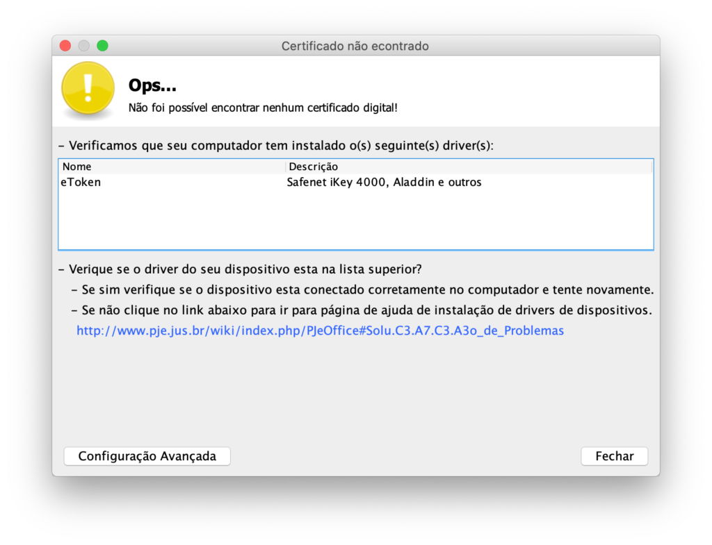 Como solucionar a falha “não foi possível encontrar nenhum certificado  digital” do PJe Office no macOS – Resolve Token